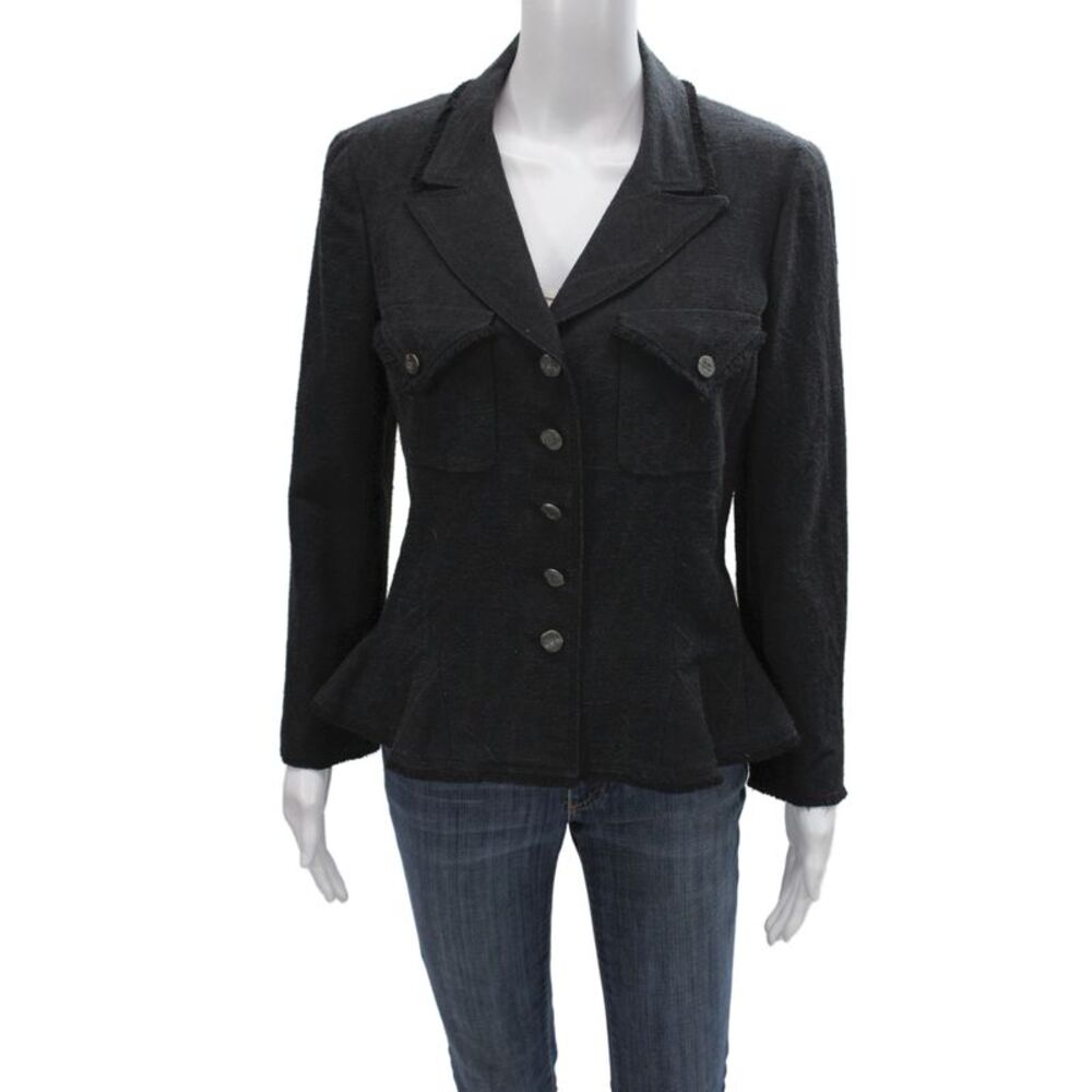 Chanel Womens Military Silk Black Button Long Sleeve Jacket Size 40